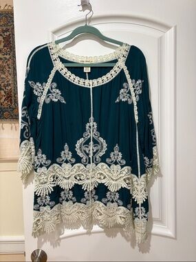 Indigo Thread Co. Dark Teal Tunic with Cream Crochet Embroidered Accents L
